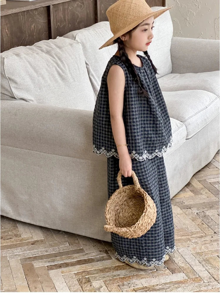 Girls' Summer Outfit New Kids Temperament Plaid Lace Vest+Wide Leg Pants Two-piece Set Trendy Children's Clothing Sets Good Vibrations