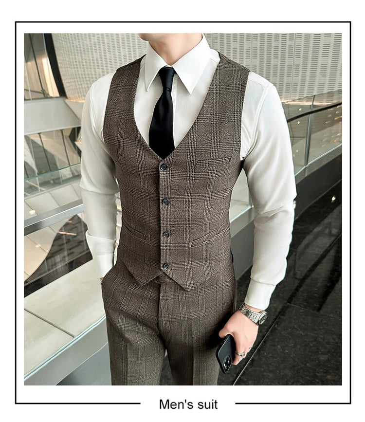 Quality Three-piece Suit Vest Trousers Set for Men Korean Fashion Slim Fit Business Casual Wedding Handsome Style