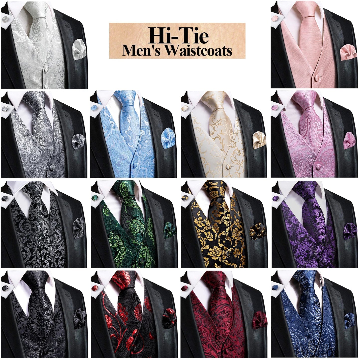 Hi-Tie Black Men Silk Vest Paisley Jacquard Necktie Hankerchief Cufflinks Sets Male Sleeveless V-Neck Waistcoat Business Formal Good Vibrations