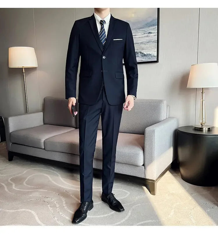 Suit (suit +Vest+Pants) Formal Business Men Four Seasons Professional Fashion Gentleman Solid Color Outdoor British Style Suit