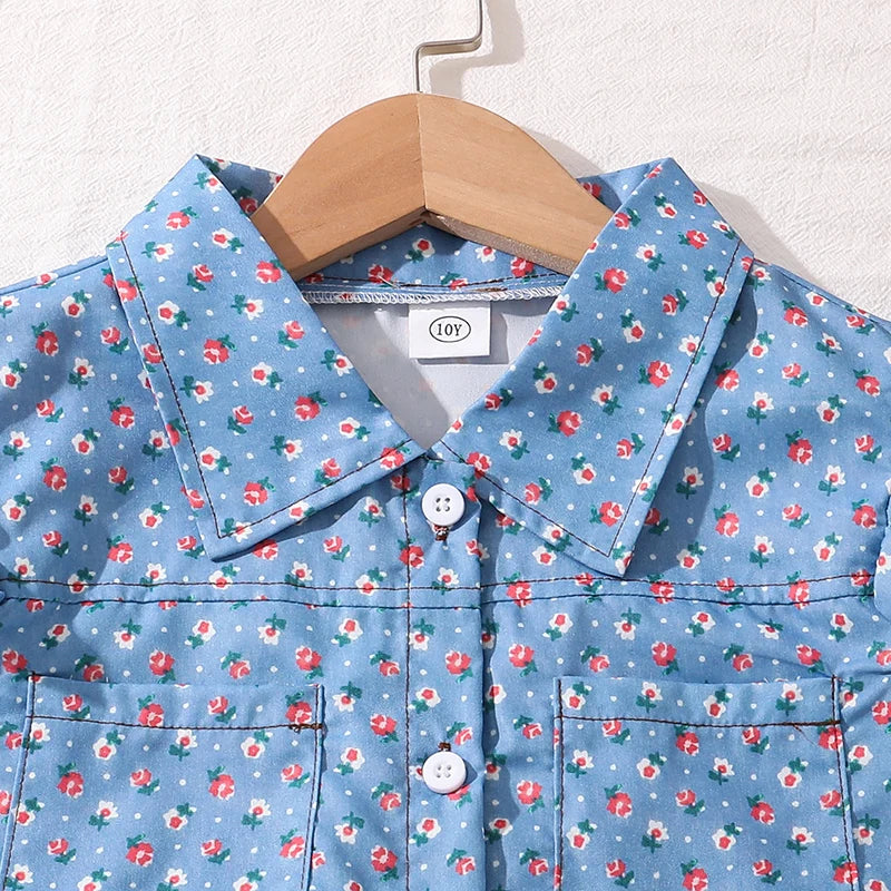 Girls Clothing Sets Light Blue Flowers Printed Button-Down Sleeveless Top & Shorts 2 PCS Korean Style Kids Sets Daily Clothes Good Vibrations