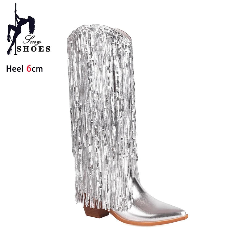 Women Western Fringe Boot 2024 New Cowgirls Blue Sequin Glitter High Heels Nightclub Club Shoes Woman Stage Show Mid-Calf Boots Good Vibrations