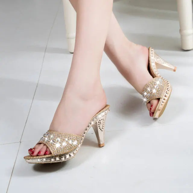 Summer Women Sandals Rhinestone Women Shoes Sexy High Heels Shoe Ladies Sandalias Gold Silver Women Slippers Heeled Sandals Sexy Good Vibrations