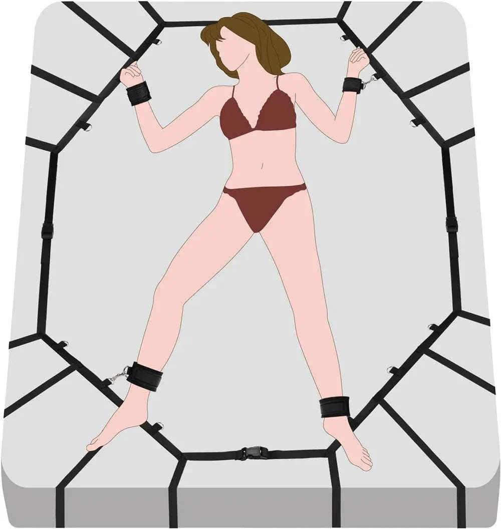 Sex bed restraint system with nylon handcuffs and ankle cuffs.