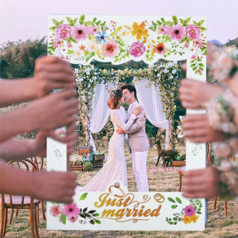 Just Married Photo Booth Frame Props Banner Wedding Decoration Mr Mrs Photobooth Props Latex Balloons Hen Party Bride Groom Good Vibrations
