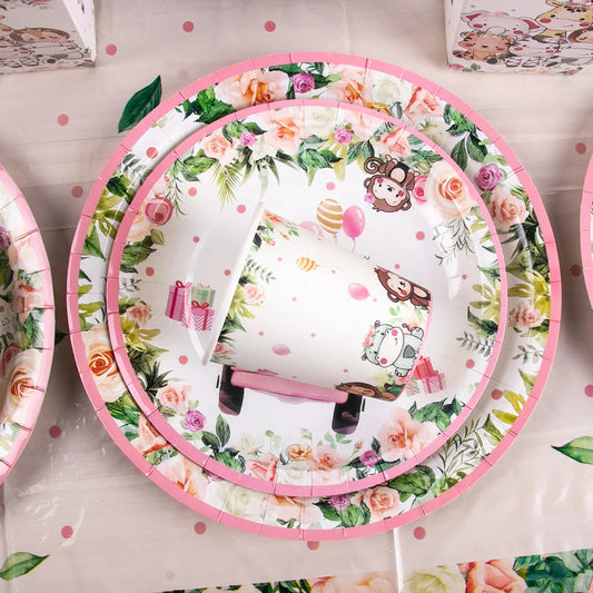 Pink Jungle Safari Birthday Decorations Animal Disposable Tableware Forest Woodland Baby Shower for Girl Birthday Party Supplies Good Vibrations