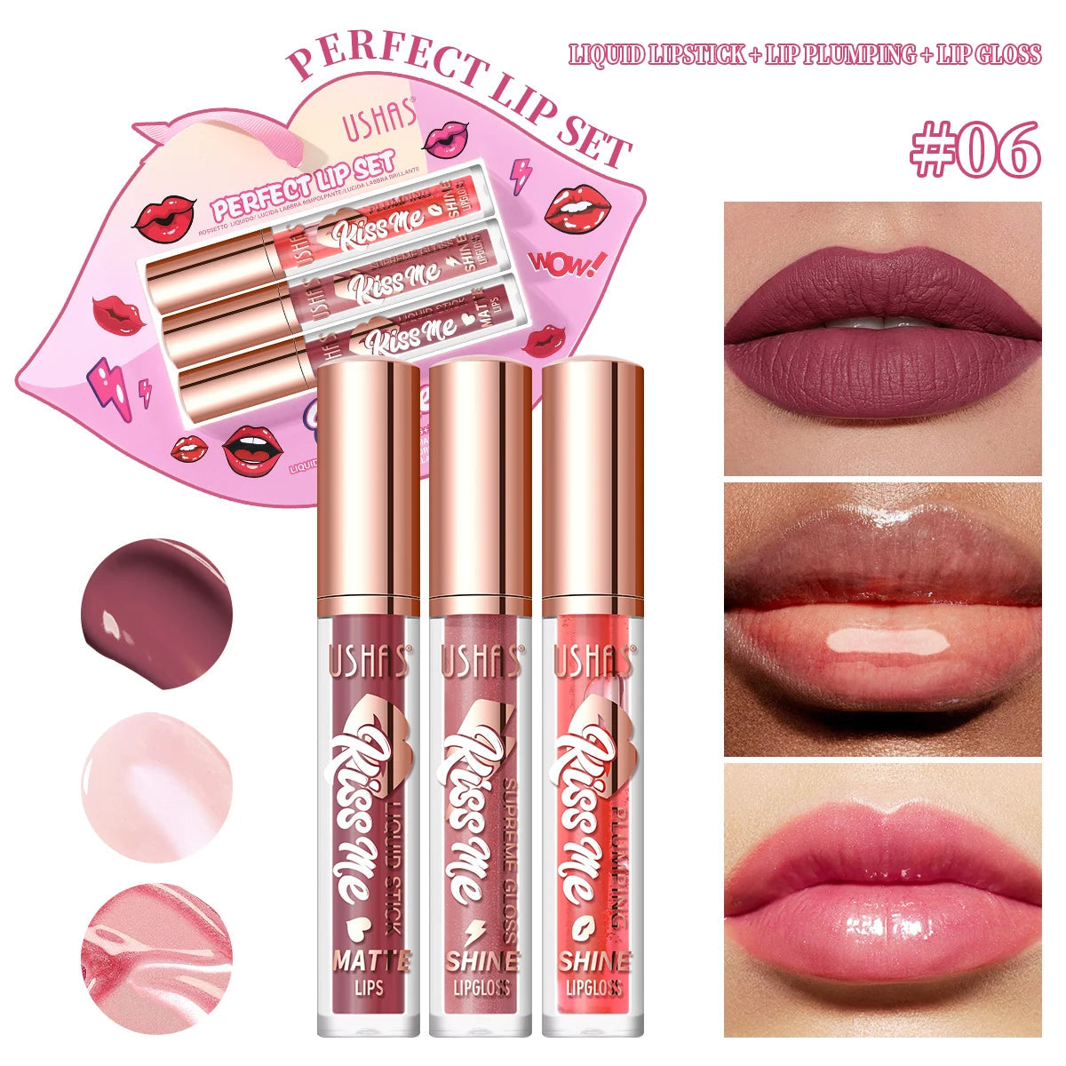 USHAS 3 Pcs/Set Lip Gloss Set, Matte and Glossy Lip Glaze Suit, 3 Different Colors in 1 Set, Perfect Gift for Girls&Women Good Vibrations