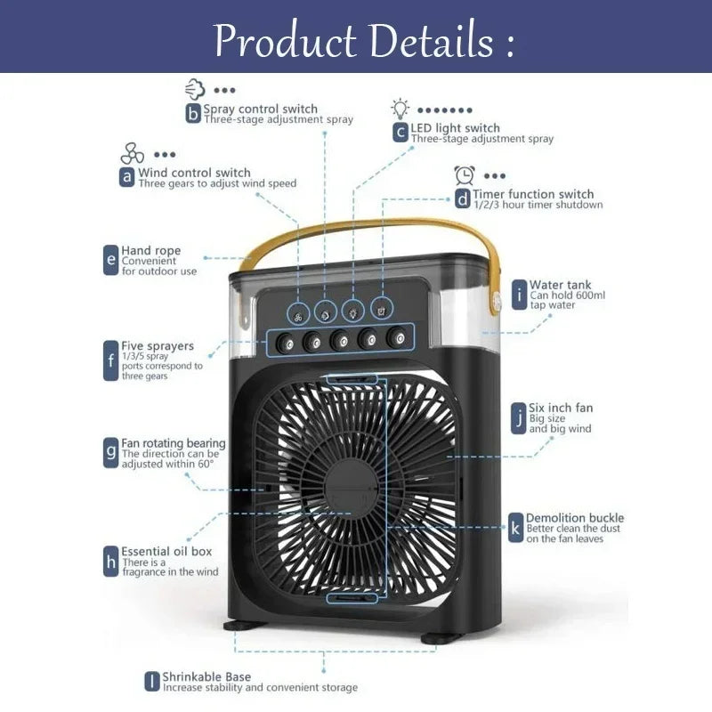 Portable 3 In 1 Fan AIr Conditioner Household Small Air Cooler LED Night Lights Humidifier Air Adjustment Home Fans Dropshipping Good Vibrations