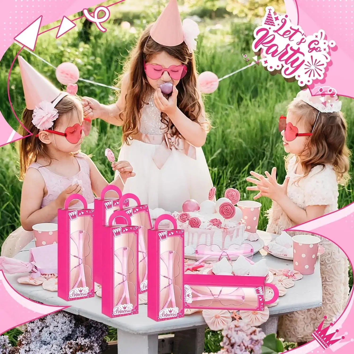12 Pink Doll Gift Boxes Goodie Bag + 12 Heart Shaped Sunglass Pink Princess Girls Boxes for Birthday Bachelorette Party Favor Good Vibrations