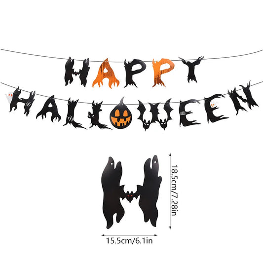Halloween Party Paper Garland Bat Pumpkin Banner 2025 Happy Halloween Party Decoration for Home Trick or Treat Hanging Pendants Good Vibrations
