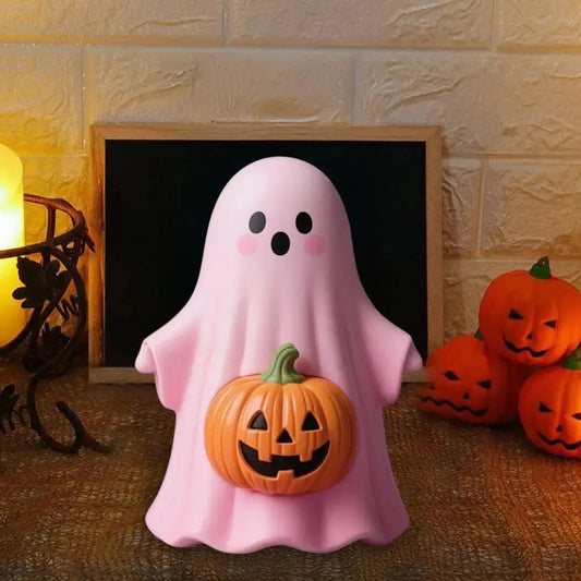 Handheld Pumpkin Decoration Halloween Ghost Ornament Pink Halloween Ghost Figurine Set with Pumpkin Decoration Resin for Home Good Vibrations