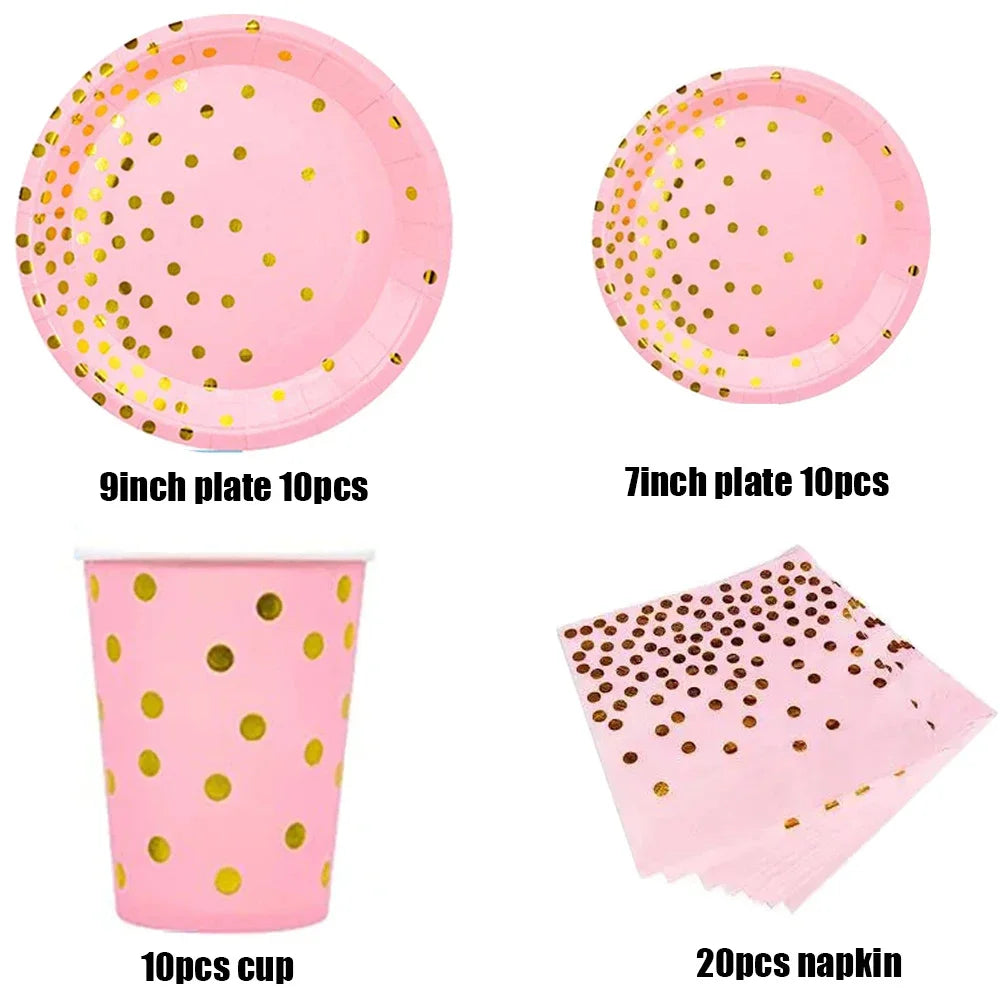 Pink Party Decoation Gold Supplies Paper Tablecloth Disposable Dinnerware Plate Napkin Cup for Christmas Birthday Party Wedding Good Vibrations