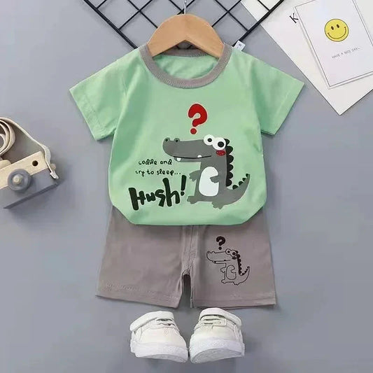 Children's cotton summer set with cartoon crocodile print T-shirt and shorts for toddlers