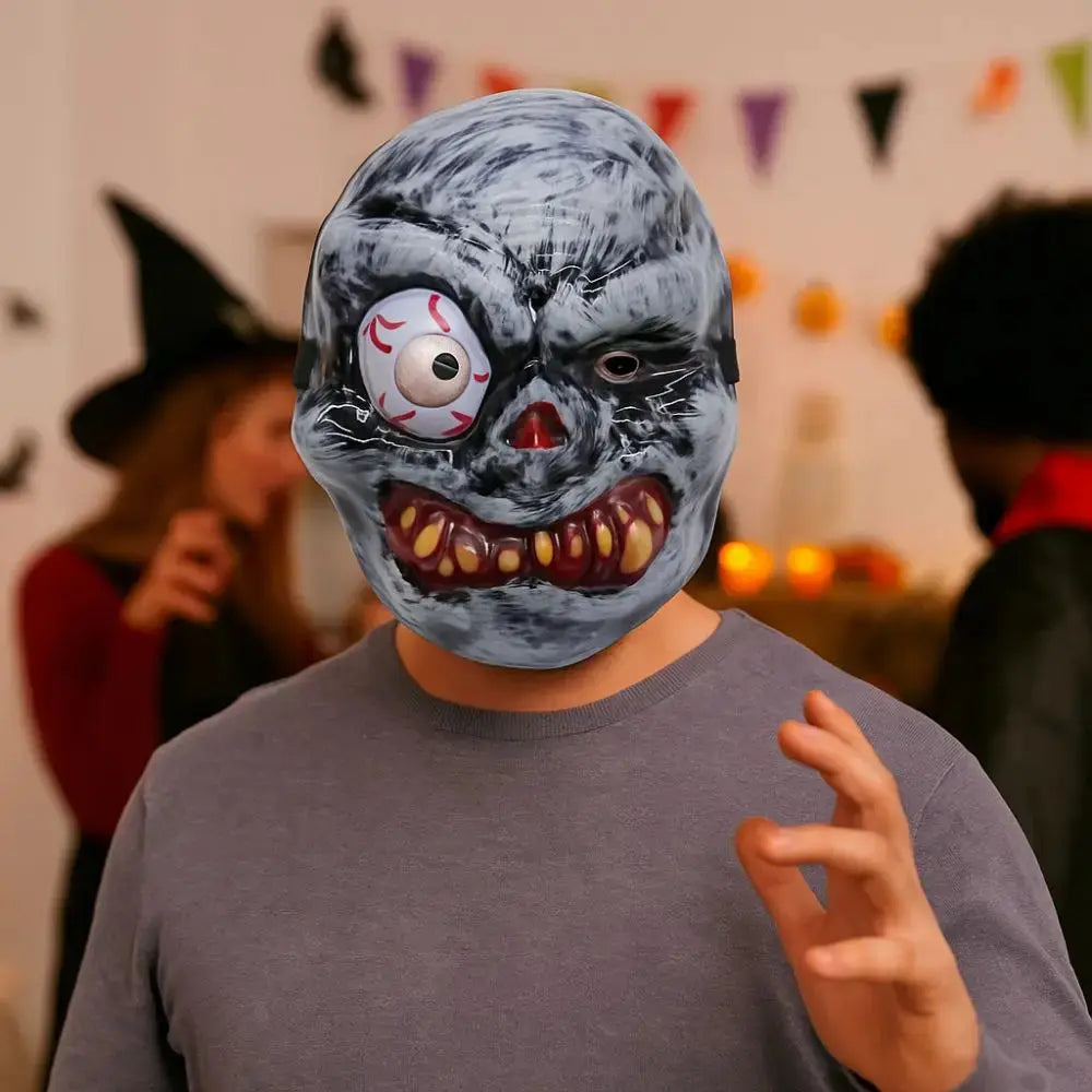 Full Face Halloween Ghost Mask One Eyed Scary Props Scary Ghost Head Cover PVC Breathable Ghost Headgear Cosplay Event Good Vibrations