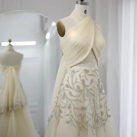 Sharon Said Saudi Arabic Beige Halter Evening Dresses for Wedding Dubai Crystal Long Formal Gowns Party Dress SS444 Customized Good Vibrations