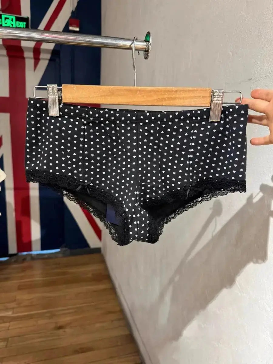 Hearts Lace Trim Tank Shorts Pajama Set Woman Summer Sexy V-neck Crop Tops+Slim Underpants Vintage Sweet Home 2 Piece Sets Y2k GOOD Vibrations