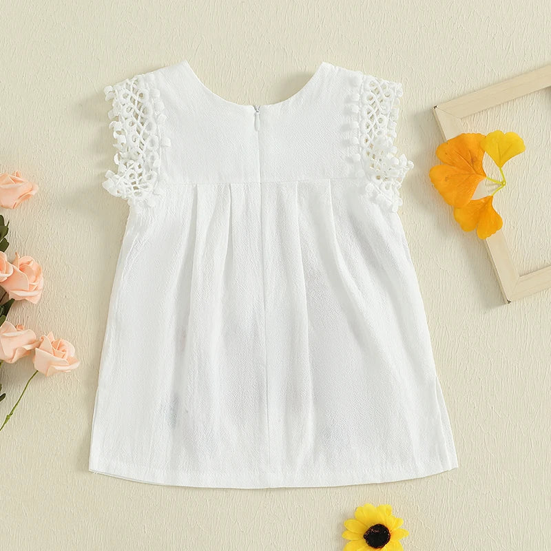 Toddler Girls Summer Dress Casual Floral Embroidery Square Neck Sleeveless Dress Baby Girls Princess Beach Party Dress Clothes Good Vibrations