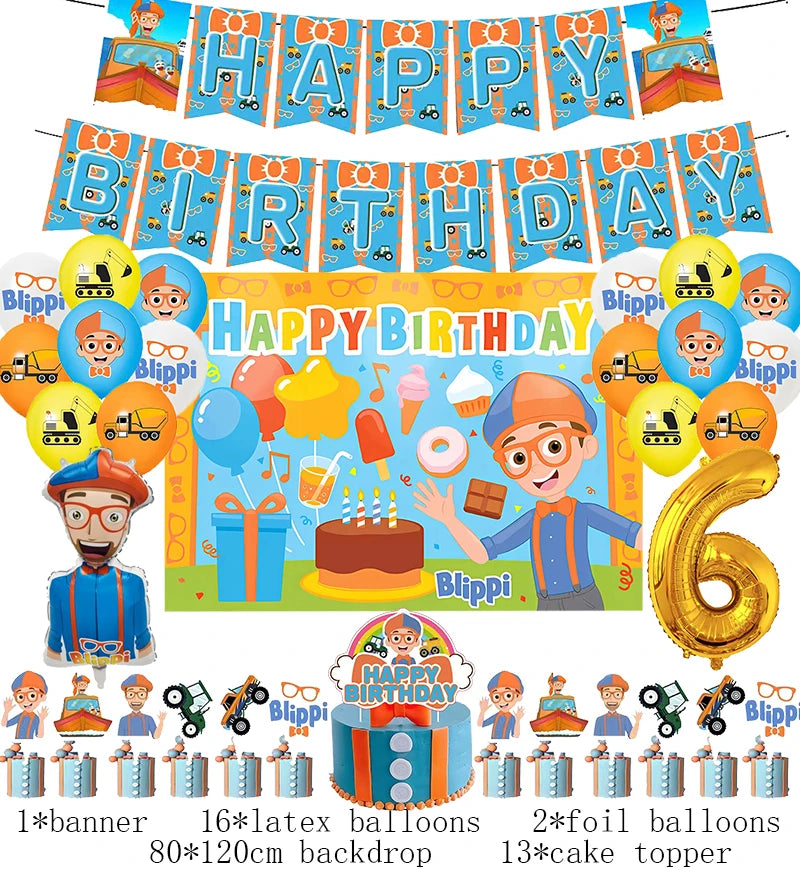 New Blippiing Birthday Party Decoration Foil Balloon Backdrop Banner Cake Topper Baby Birthday Party Supplies Good Vibrations