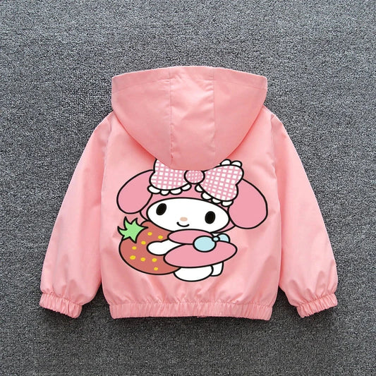 Kuromi Melody Girls Windbreaker Jacket 2024 New Spring Autumn Kid Fashion Cartoon Zipper Hooded Coat Teen Clothing Birthday Gift Good Vibrations