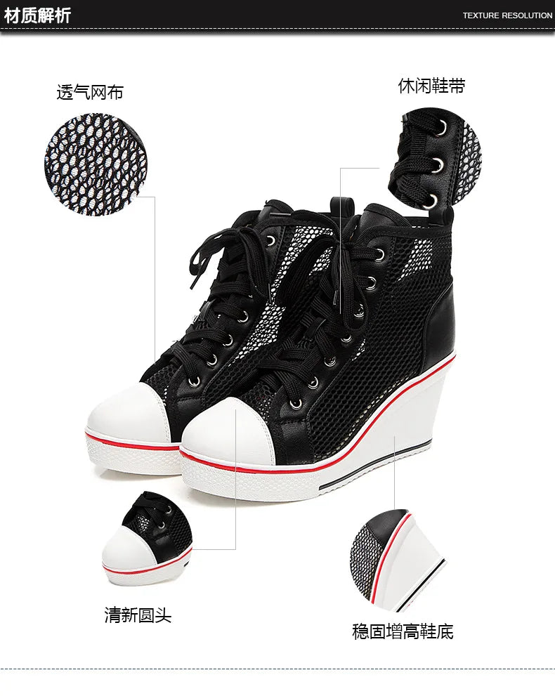 2025 Wedge Heel 8cm Height Increasing Net Shoes Thick Bottom Sandals Women's Casual Lace-up Shoes High-top Hollow Women's Shoes Good Vibrations