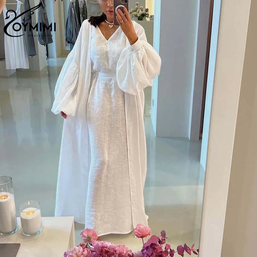 Oymimi Elegant Yellow Cotton Hemp 2 Pc Sets Womens Outfits Casual Puff Sleeve Robe And V-Neck Sleeveless Floor-Length Dress Sets