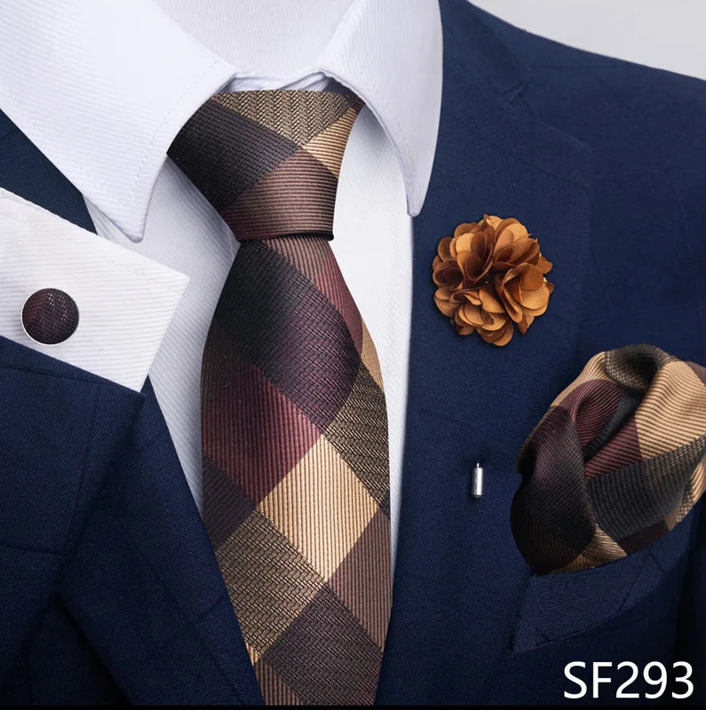 Luxury Mens Ties Floral Black Gold Ties Paisley NeckTie Pocket Square Cufflinks Brooch Set Men's Wedding Party Tie Good Vibrations