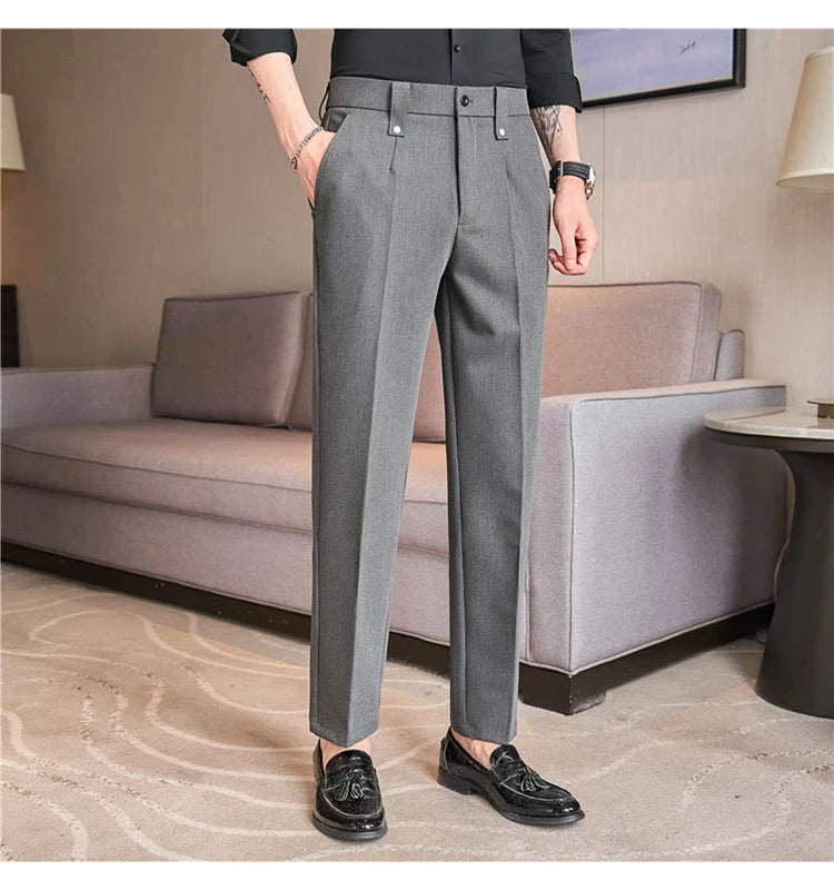 Mens Suit Pants 2025 Autumn New British Style Elastic Waist Solid Casual Formal Dress Pants Slim Fit Trousers for Men Clothing Good Vibrations