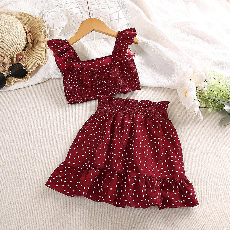 Girls' Clothing Set 5-12T Tri-Color Optional Flying Sleeve Square Collar Vest Top + Lace Skirts Children Girls Baby Clothes Set Good Vibrations