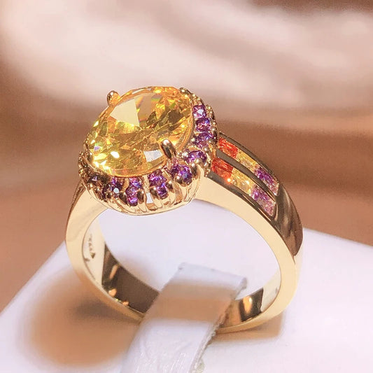Trendy Citrine Ring for Women Geometry 925 Stamp Fine Jewelry with Oval Gemstones Blue Yellow Pink Zircon Rings Party Good Vibrations