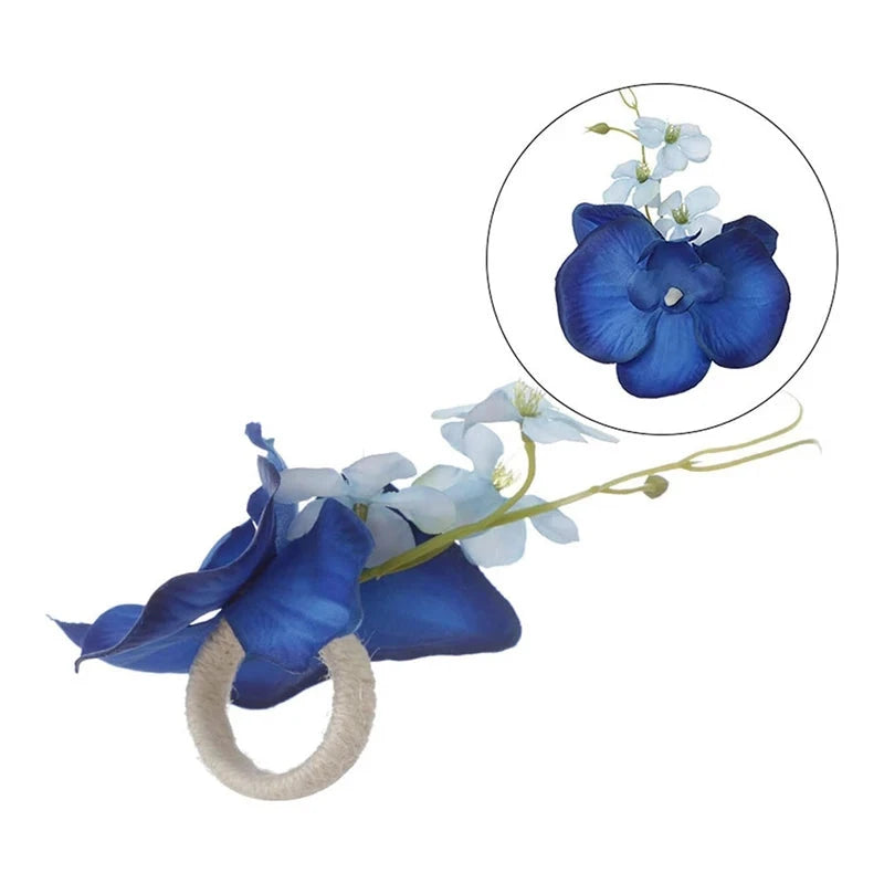 6PCS Handmade Orchid Flower Napkin Rings Blue Flower Holders Handcraft Serviette Buckles Rings For Wedding Table Decor Good Vibrations