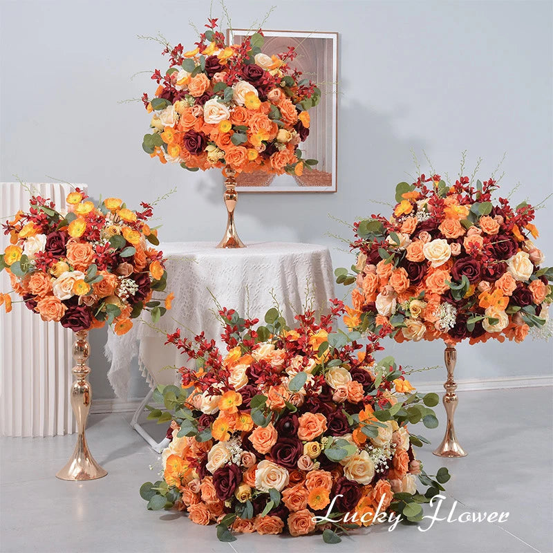 Orange Red Rose Artificial Flowers Wedding Table Decoration Road Lead Flower Ball Tbale Centerpieces Event Party Floral Props Good Vibrations