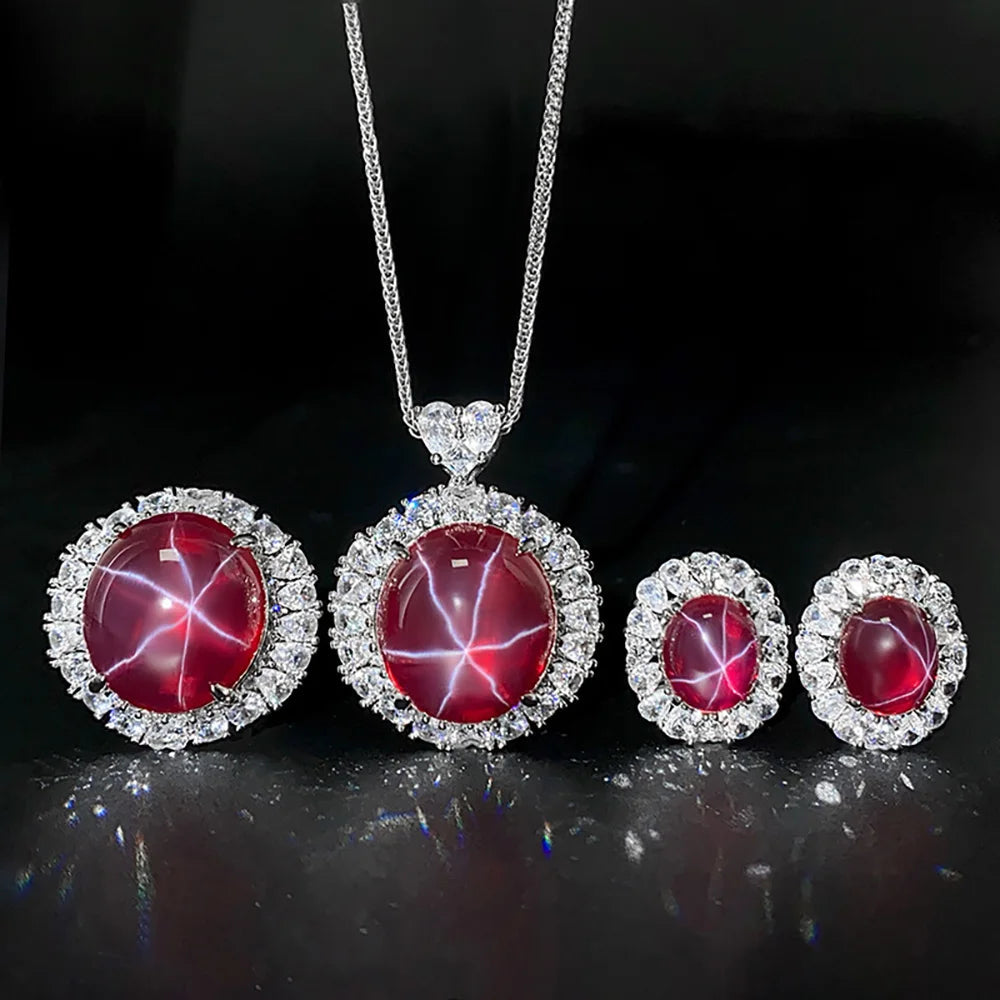 Women's Fine Jewelry Set Retro Lab Ruby Gemstone Necklace Pendant Ring Stud Earrings Wedding Party Accessories Anniversary Gift Good Vibrations Adult Super Store