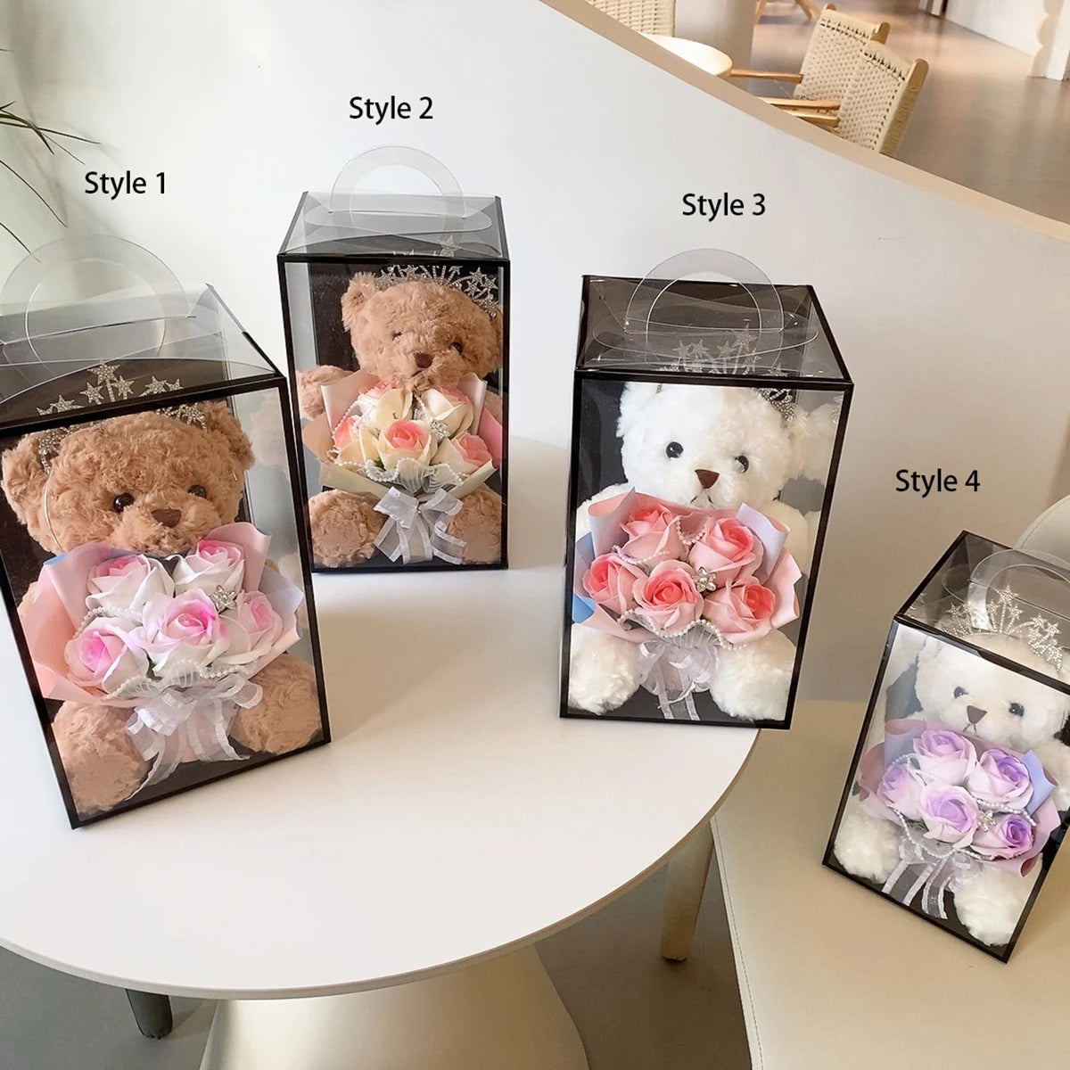 1PC Rose Flower Bouquet Plush Bear Gift Box Eternal Flower Bouquet Mother's Day Gifts Wedding Birthday Party Decor Accessories Good Vibrations