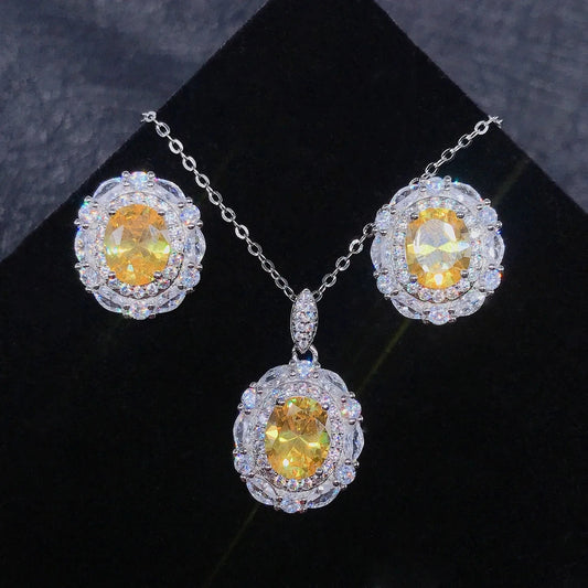 Luxury Bridal Wedding Jewelry Sets Silver Color Pendant Necklaces Earrings Set For Women Yellow/Pink Crystal Jewelry Accessories Good Vibrations Adult Super Store