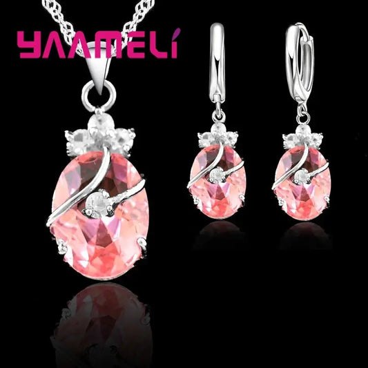 New Fashion Vintage Jewelry Sets For Women 925 Sterling Silver Crystal Stone Pendant Charms Wedding Necklace Hoop Earrings Good Vibrations Adult Super Store