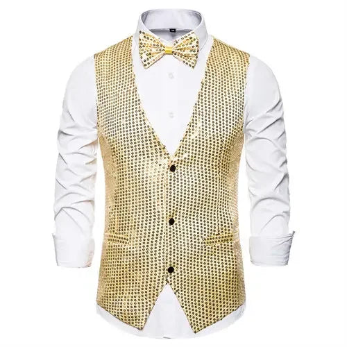 Gold Men's Sequin Vest Jacket, Single-breasted V-neck Sleeveless Vests Coat, Wedding Party Waistcoat Silver Blue Purple Red Tops