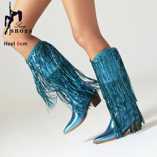 Women Western Fringe Boot 2024 New Cowgirls Blue Sequin Glitter High Heels Nightclub Club Shoes Woman Stage Show Mid-Calf Boots Good Vibrations