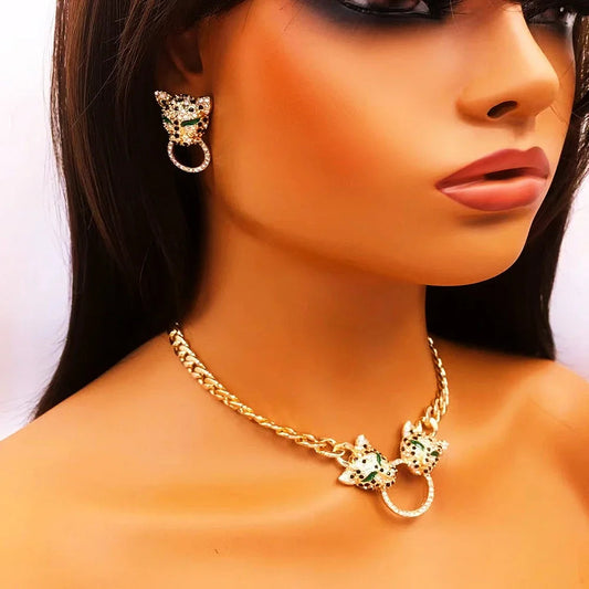 New Fashion Rhinestone Leopard Earring Necklace Jewelry Set for Women Party Punk Vintage Metal Animals Pendant Chains Necklace Good Vibrations
