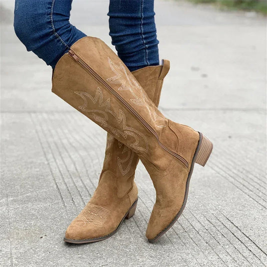 Embroidered Western Cowboy Boots for Women Autumn Pointed Toe Thick Heel High Knee Boots Woman Loose PU Leather Long Botas Mujer Good Vibrations