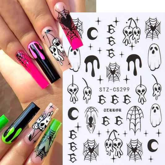 Halloween Stickers for Nails Pumpkin Ghost Skull Design Art Self-Adhesive Spider Web Decals Decoration DIY Manicure Accessories Good Vibrations