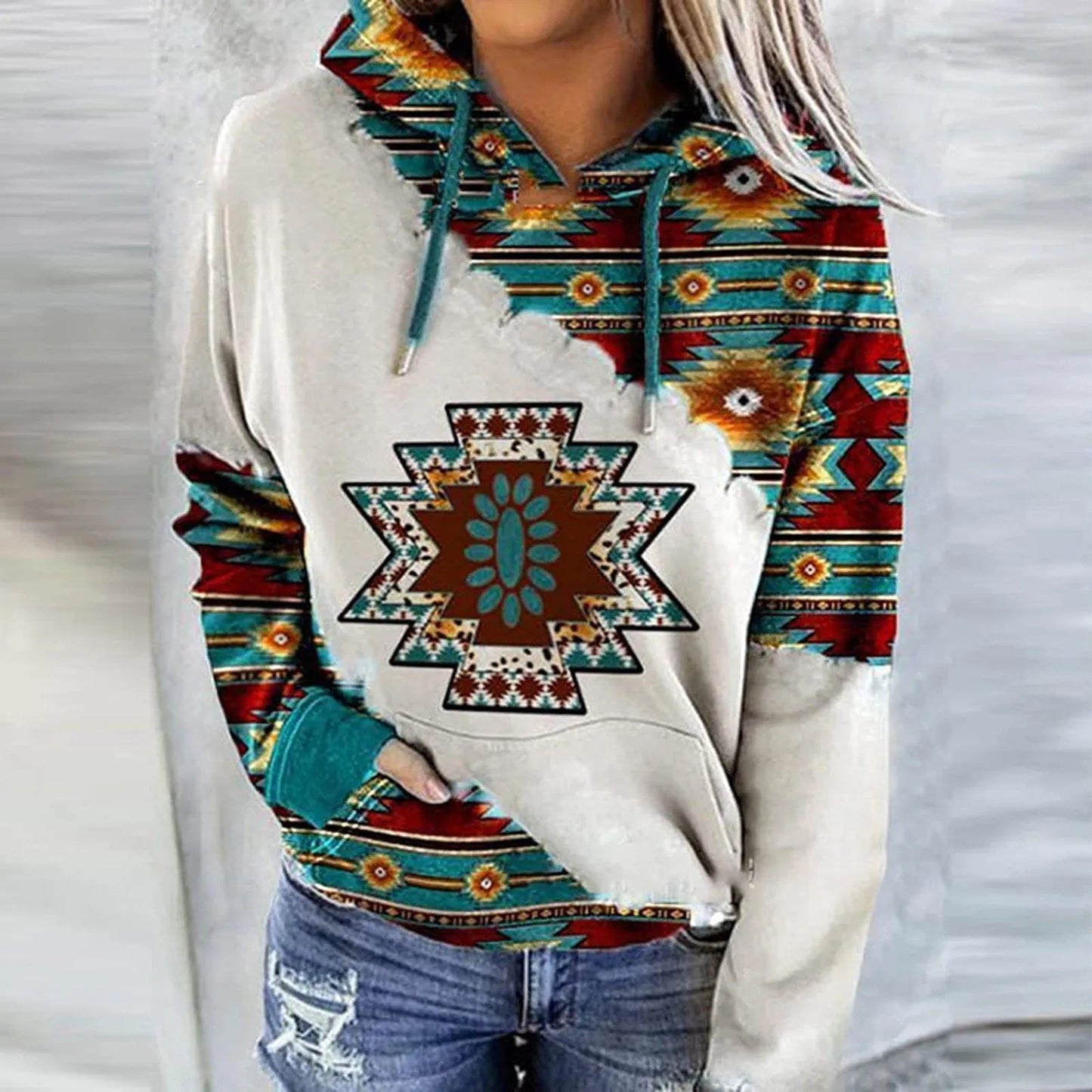 Womens Casual Geometric Horse Print Long Sleeve Drawstring Pullover Tops, Ethnic Style Hooded Sweatshirt Good Vibrations