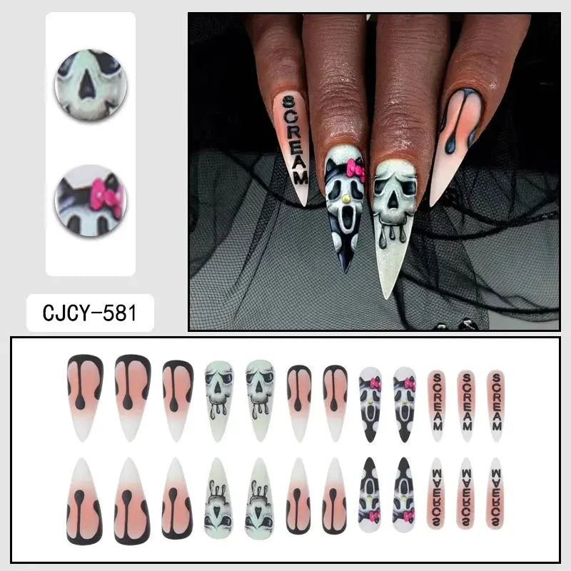 24pcs Long Sharp Halloween Series Horror Ghost Matte Fake Nails Horror Theme Fingernails for Halloween Party Good Vibrations