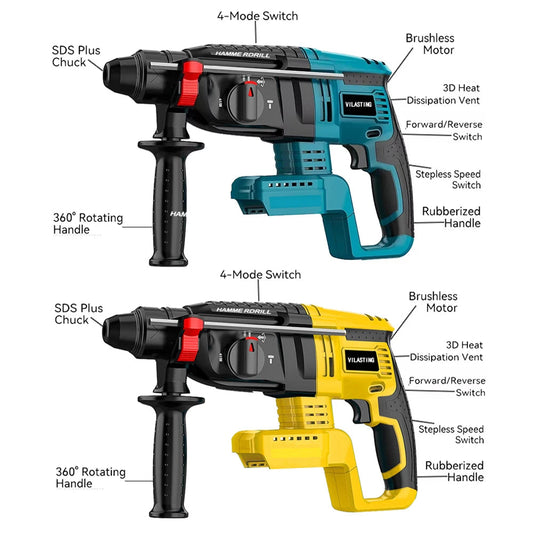 VILASTING 26MM Brushless Electric Hammer Drill Multifunctional Rotary Cordless Power Tools For Makita/Dewalt 18V Battery Pin Good Vibrations