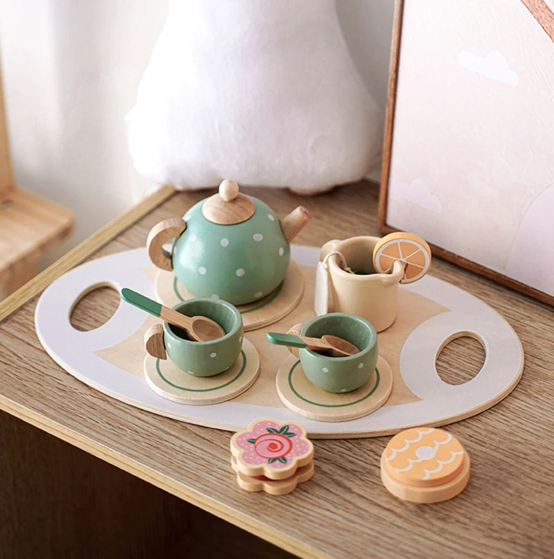 Wooden Afternoon Tea Set Toy Pretend Play Food Learning Role Play Game Early Educational Toys for Toddlers Girls Boys Kids Gifts Good Vibrations