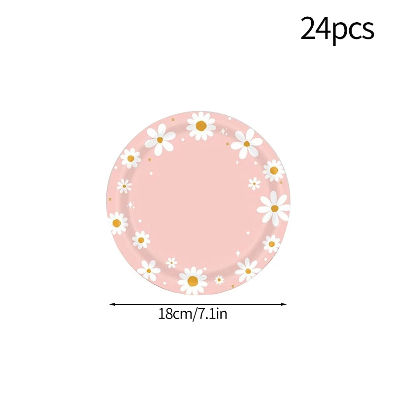 24pcs 7/9inch Pink Daisy Theme Disposable Tableware Flower Plate Napkin Straws Banner Birthday Party Baby Shower Wedding Decor Good Vibrations