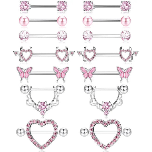 Pink Devil Nipple Piercing Jewelry Set Heart Crystal Nipple Rings Bulk Shiny Butterfly Nipple Barbell Dangle Lot Piercing Pezon Good Vibrations Adult Super Store