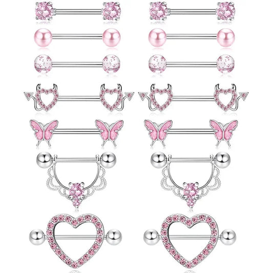 Pink Devil Nipple Piercing Jewelry Set Heart Crystal Nipple Rings Bulk Shiny Butterfly Nipple Barbell Dangle Lot Piercing Pezon Good Vibrations Adult Super Store