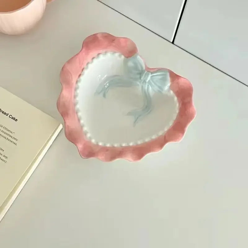 INS Wind Bowl Plate Cute Wave Edge Bow Knot Love Wave Dot Ceramic Lace Tableware Girl Heart Home Rice Bowl Plate Dessert Plate Good Vibrations