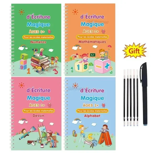 4 Books Montessori SANK English Magic Copybook Reusable Writing Practice 3D Calligraphy Book Wipe-free Education Books Good Vibrations