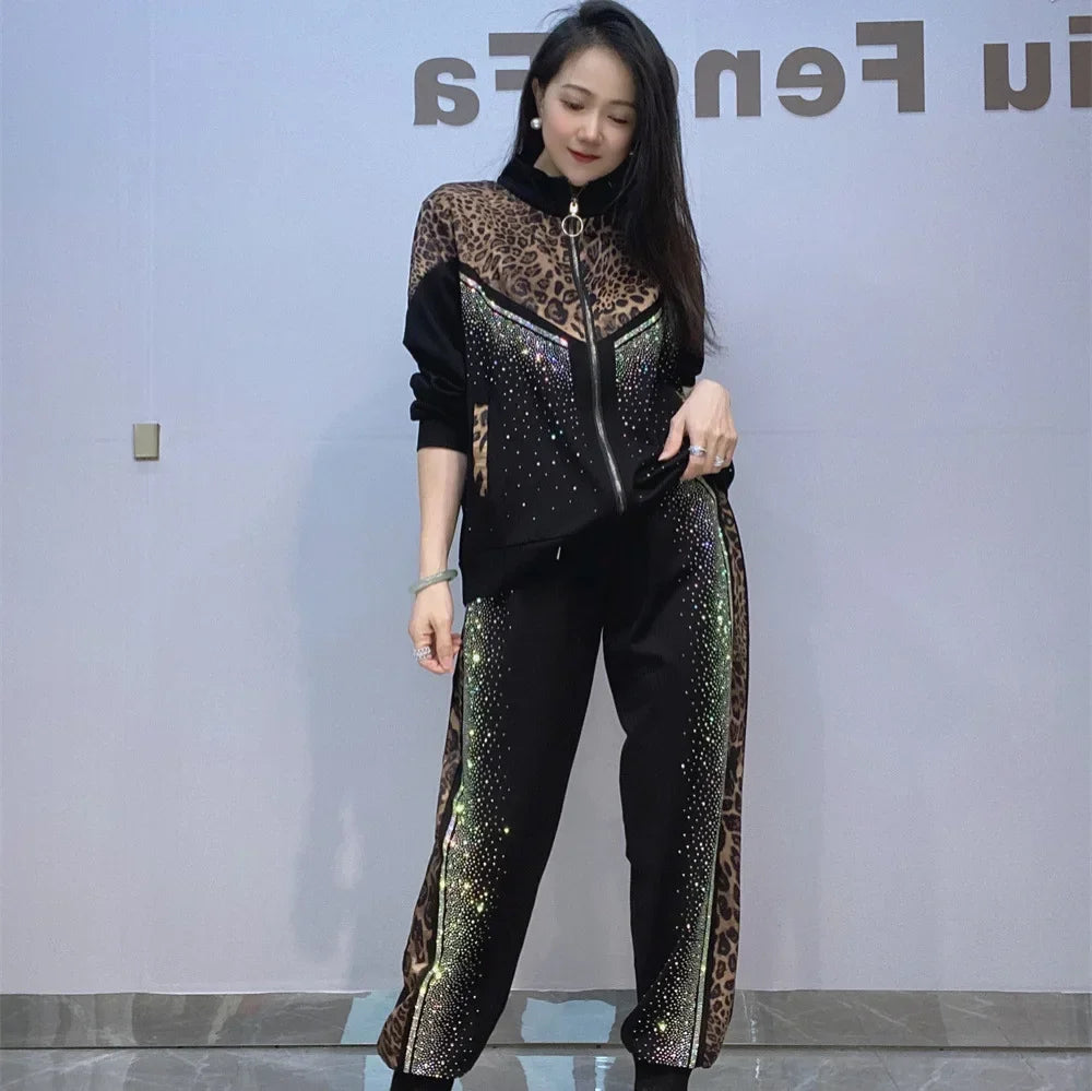 Diamonds Leopard Print Patchwork 2 Piece Sets Womens Outfits Casual Tracksuit Women Autumn Loose Cardigan Side Stripe Pant Suits Good Vibrations
